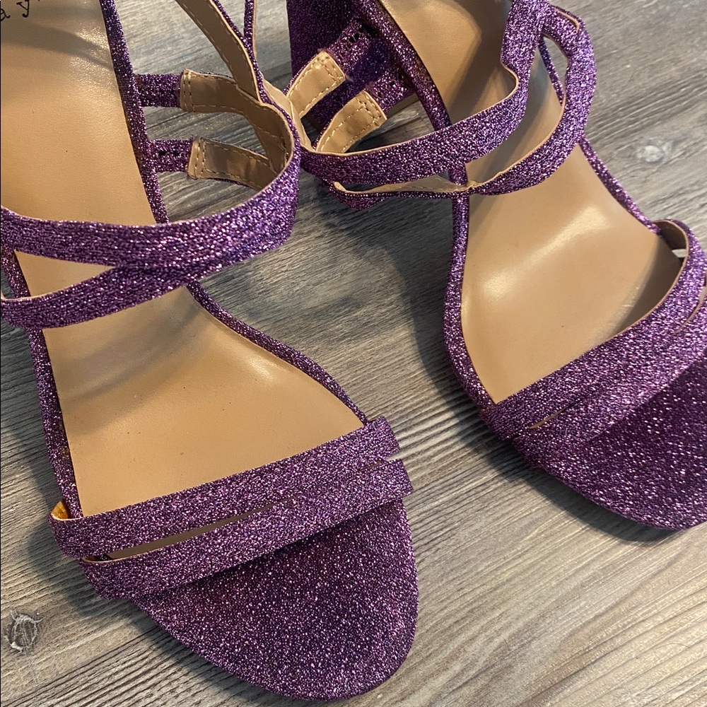 EUC Purple Glitter Open Toe Heeled Glam Girly Sandals Heels 9 - Picture 2 of 8